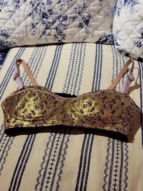 Gold Brocade And Black Velvet Bra Top W Adjustable Buckle Strap